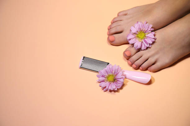 Feet skin removal, pedicure tool, copy space